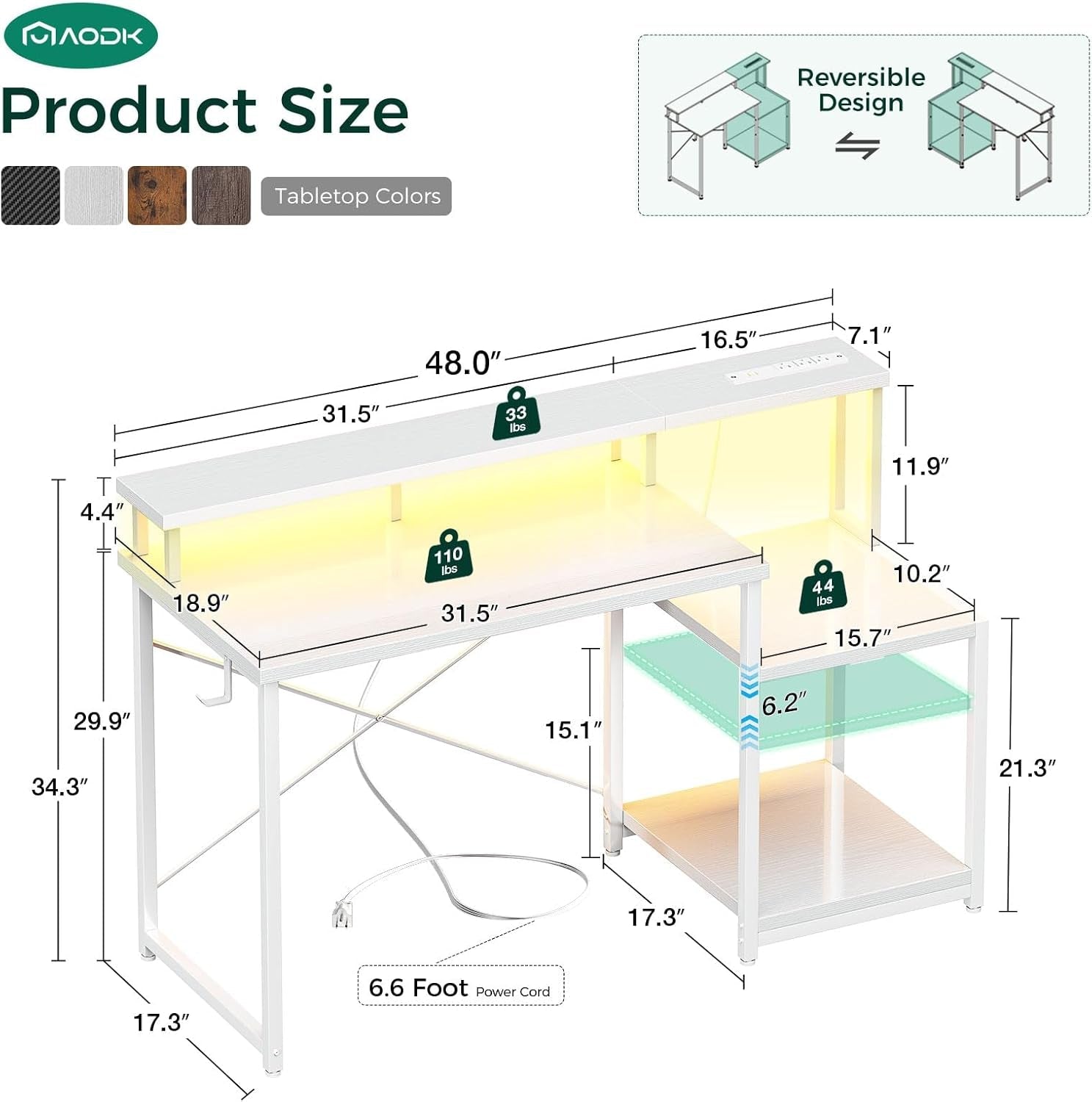 Computer Desk, 48 Inch Gaming Desk with Led Lights & Power Outlet, Office Desk with Printer Storage Shelves, Reversible Desk with Monitor Shelf & Headphone Hook, White