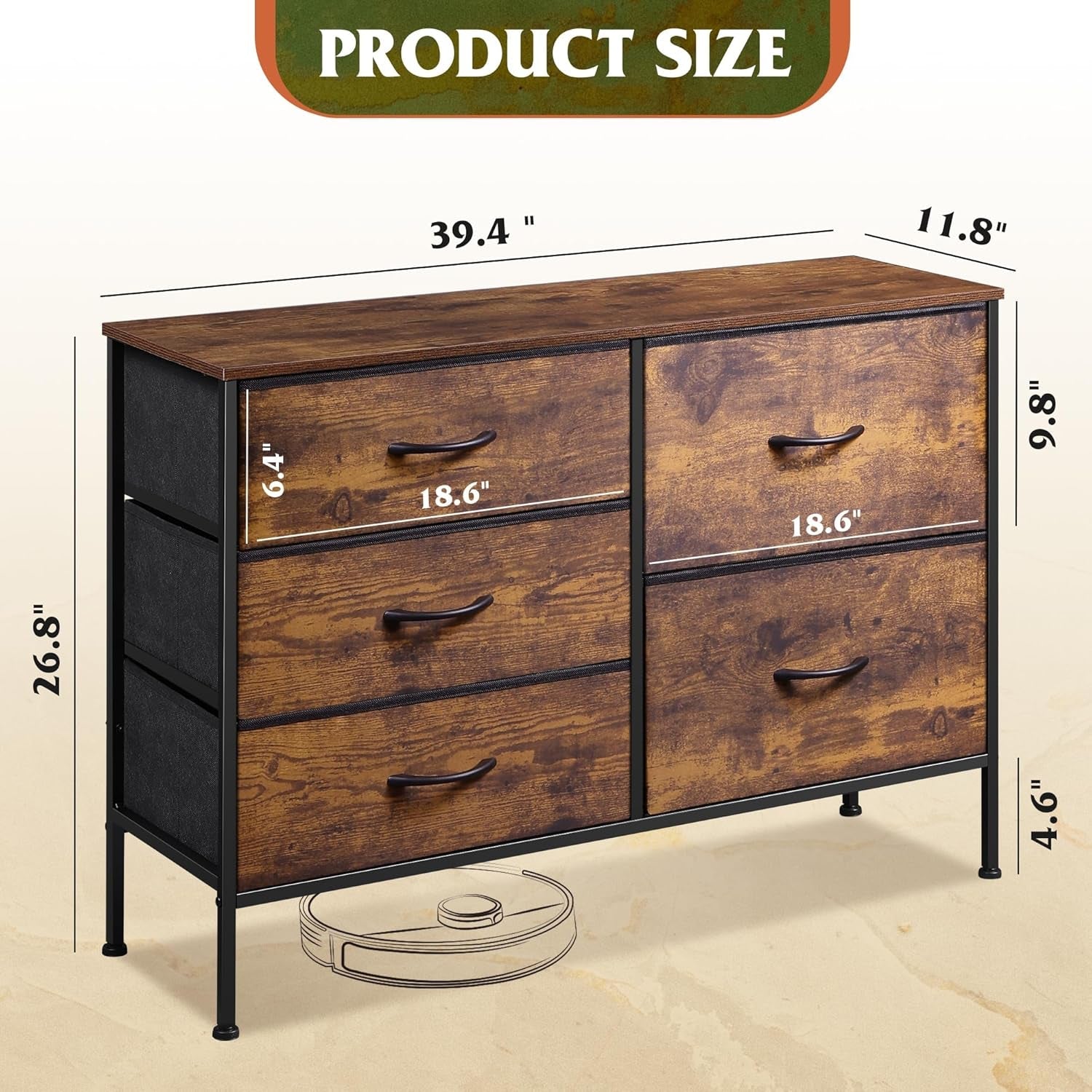 Dresser for Bedroom with 5 Drawers, Wide Bedroom Dresser with Drawer Organizers, Chest of Drawers, Fabric Dresser for Living Room, Closet, Hallway, Rustic Brown Wood Grain Print