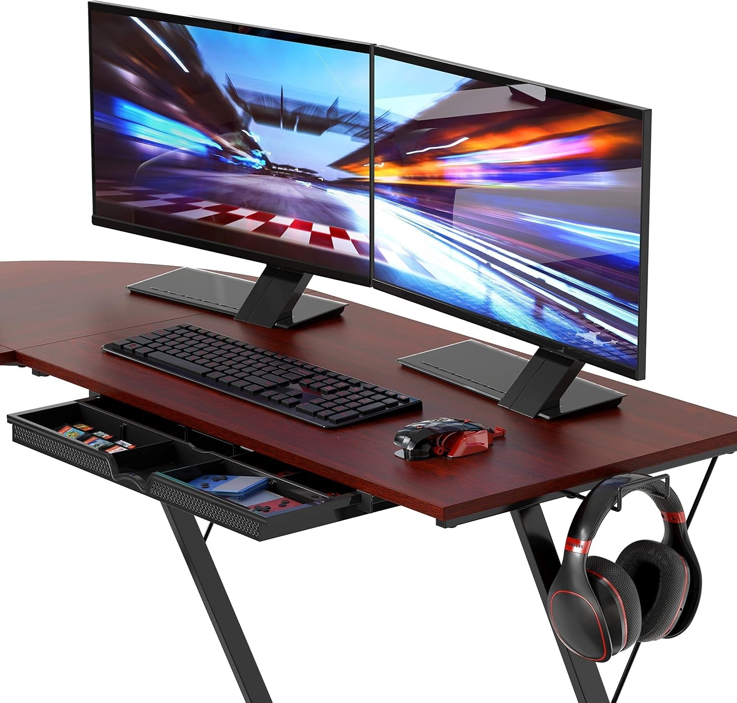 Vista L-Shape Desk with Monitor Stand, Cherry