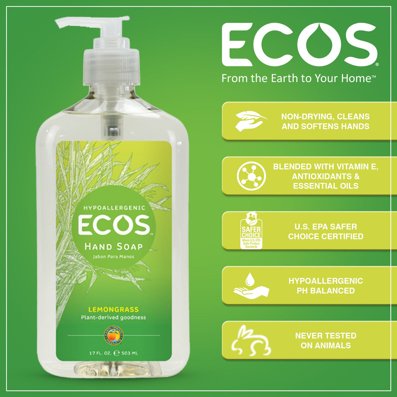 Earth Friendly Products Liquid Hand Soap, Lemongrass (6x17 Oz)