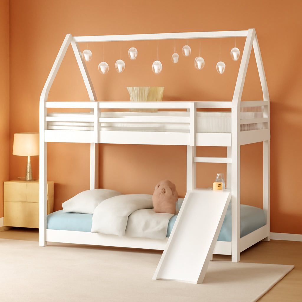 Twin over Twin House Bunk Bed with Slide,Floor Bunk Beds with Ladder for Kids,Solid Wood Twin Size Low Bunk Bed for Girls Boys