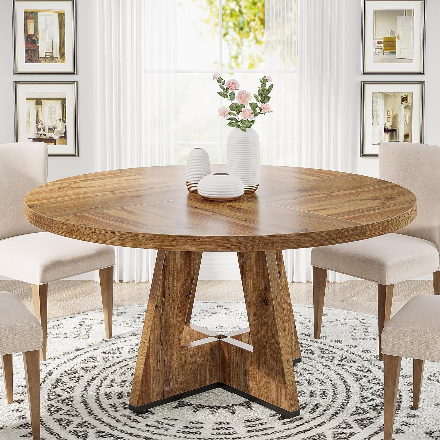 round Dining Table Wood Kitchen Table for Dining Room Living Room, 47" Dinning Room Tables for 4 Adult, Farmhouse Dinner Table with Wooden Tabletop and Cross Base, Burlywood(Only Table)