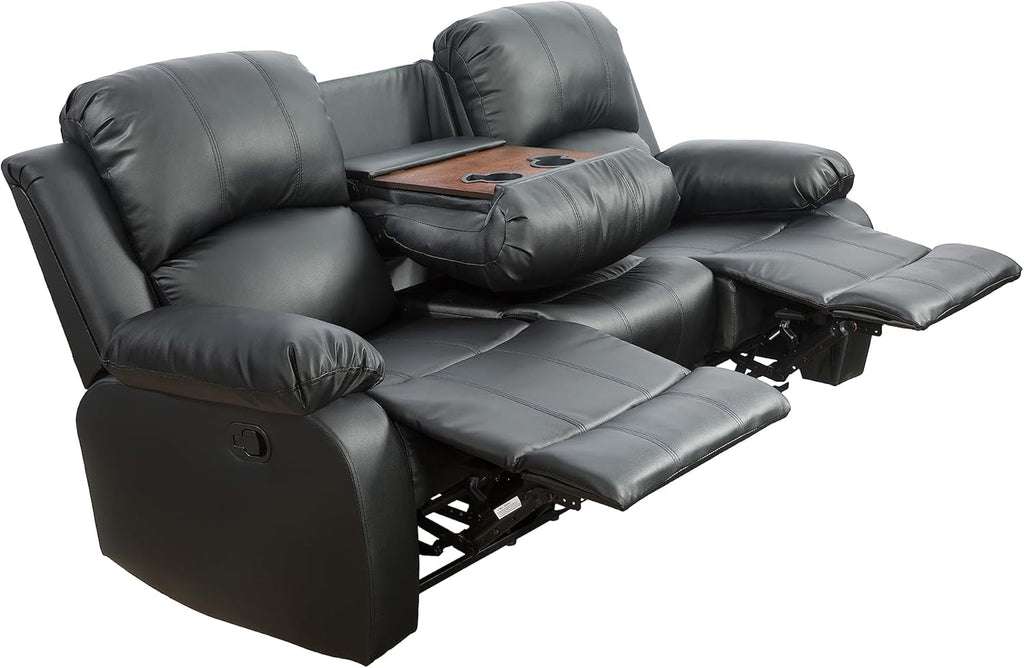 Black Vegan Leather 3-Seater Reclining Sofa Table, Cup Holders