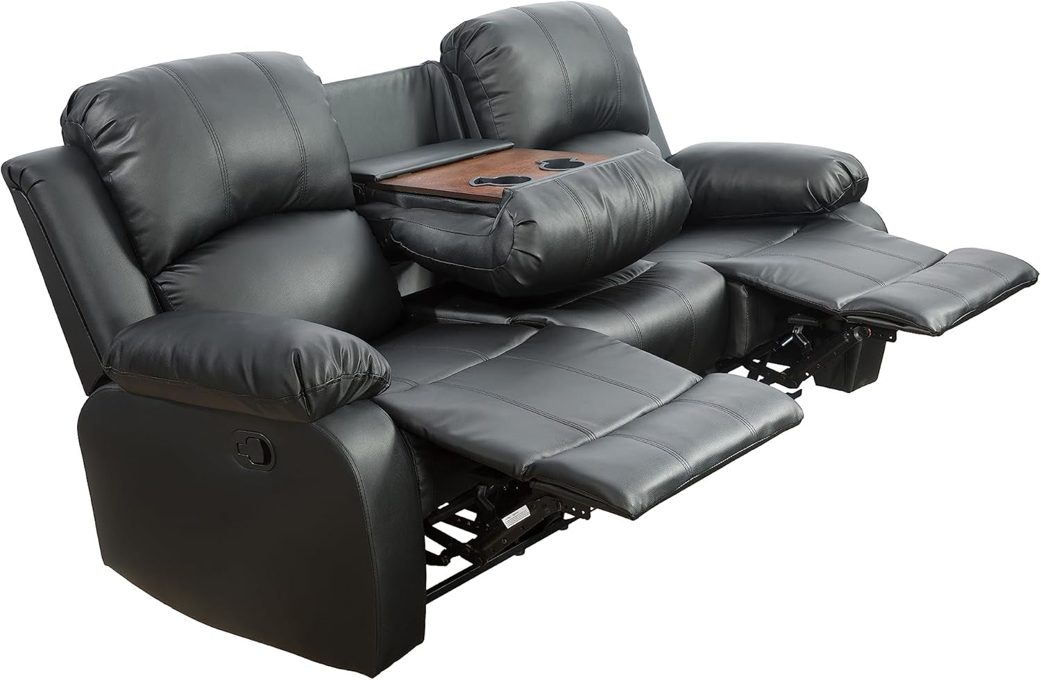 Black Vegan Leather 3-Seater Reclining Sofa Table, Cup Holders