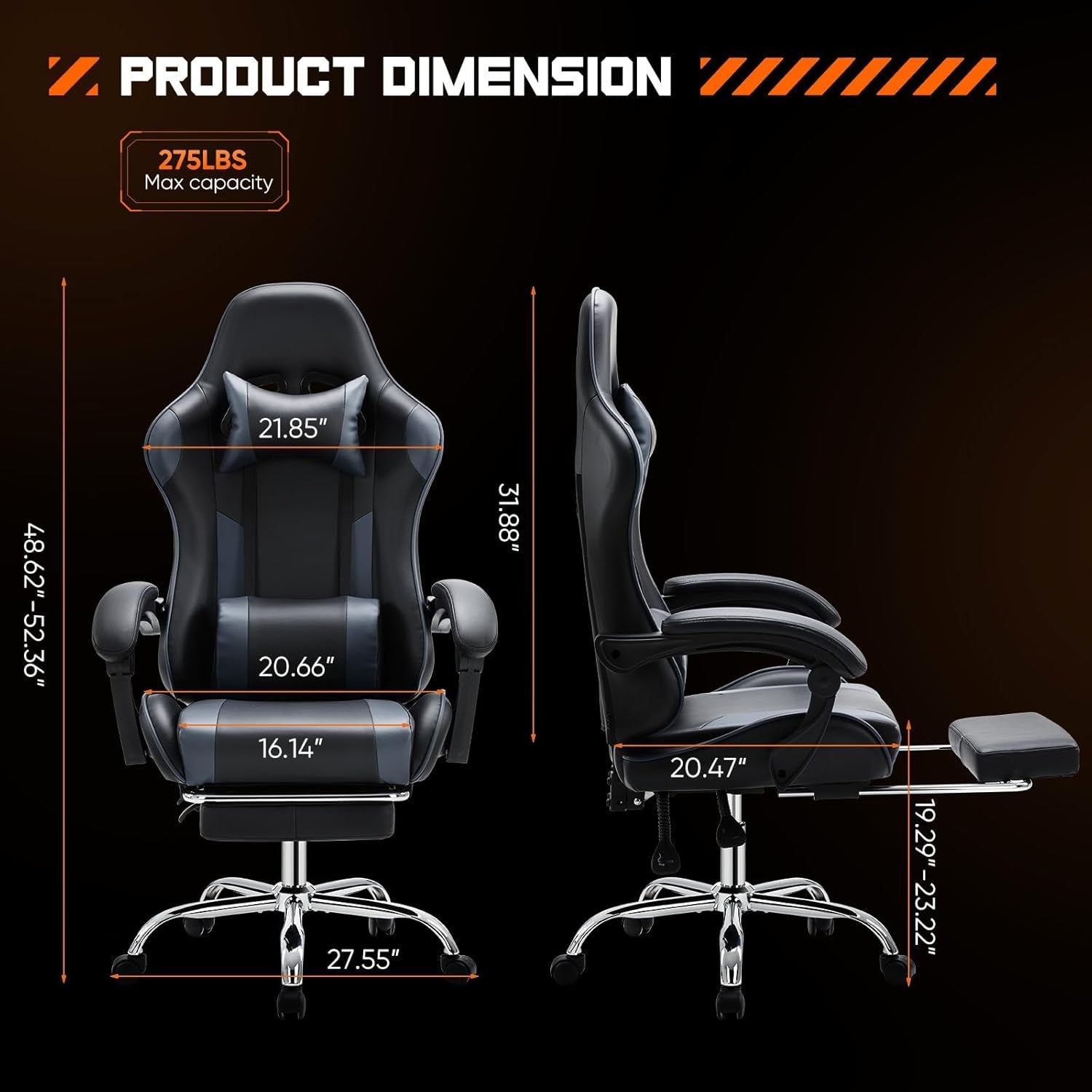 Video Game Desk Chair - Ergonomic Computer with Footrest and Comfy Lumbar Support, PU Leather Recliner with Headrest, Fixed up Armrest, Height Adjustable with 360° Swivel, for Adults, Grey