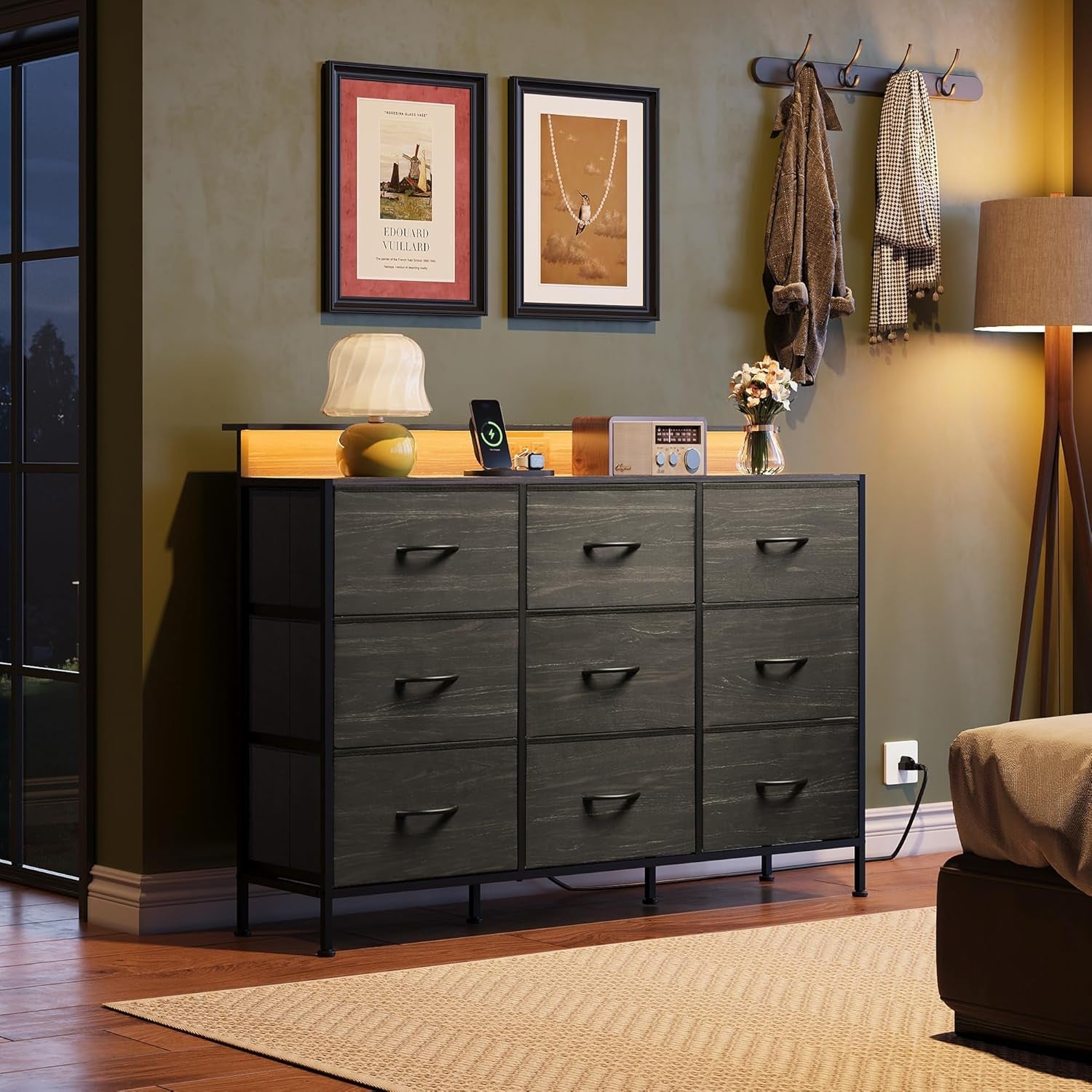 Dresser TV Stand for 55 Inch, Led Dresser for Bedroom, Black Dressers for Bedroom with LED Lights and Charging Station, Chest of Drawers, 9 Fabric Dresser Drawers, Wood Top, Living Room, Closet