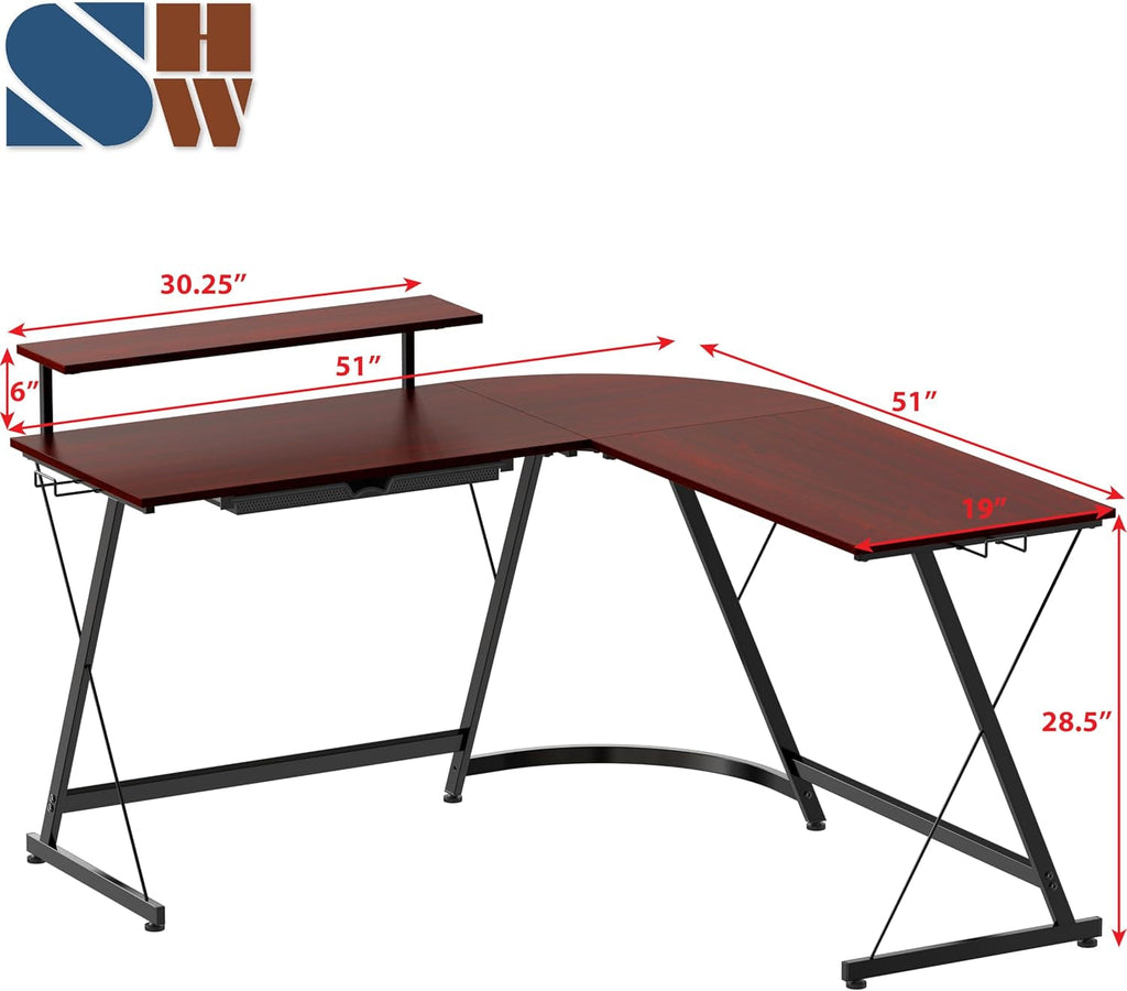 Vista L-Shape Desk with Monitor Stand, Cherry