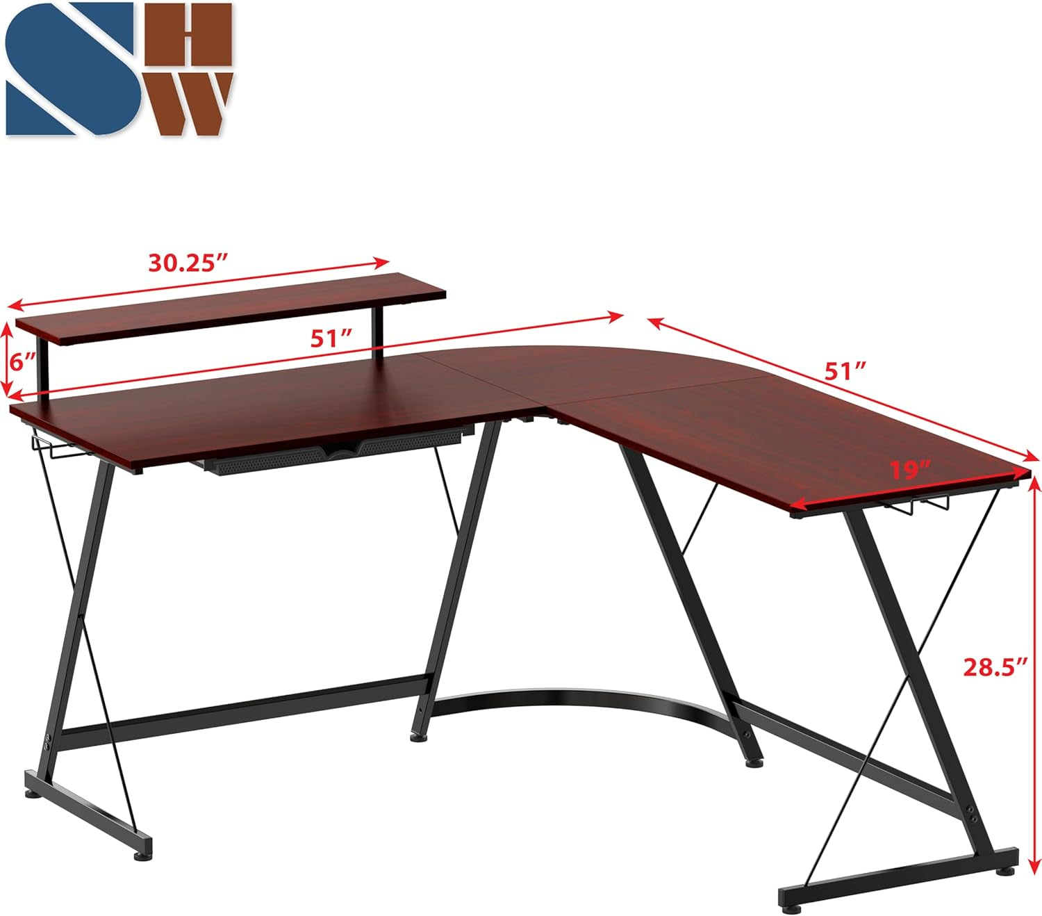 Vista L-Shape Desk with Monitor Stand, Cherry