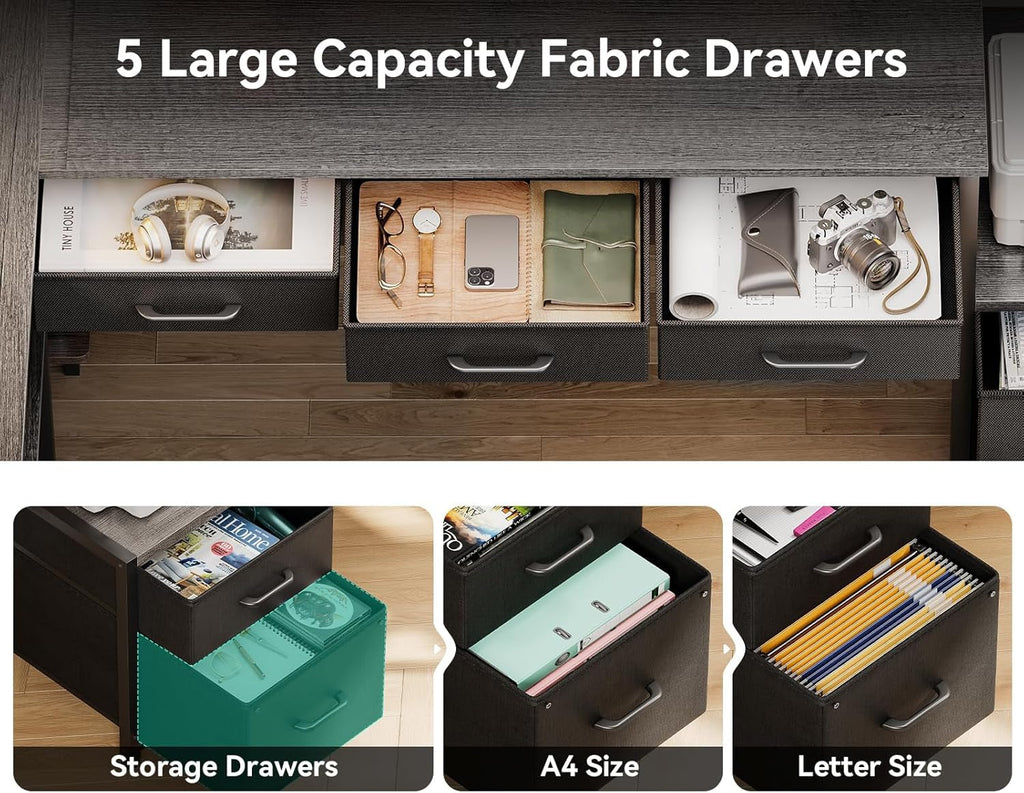 79 Inch L Shaped Desk with File Drawers, Reversible L Shaped Gaming Desk with Power Outlets & LED Lights, Computer Desk with Storage Shelves for Home Office, Grey Oak