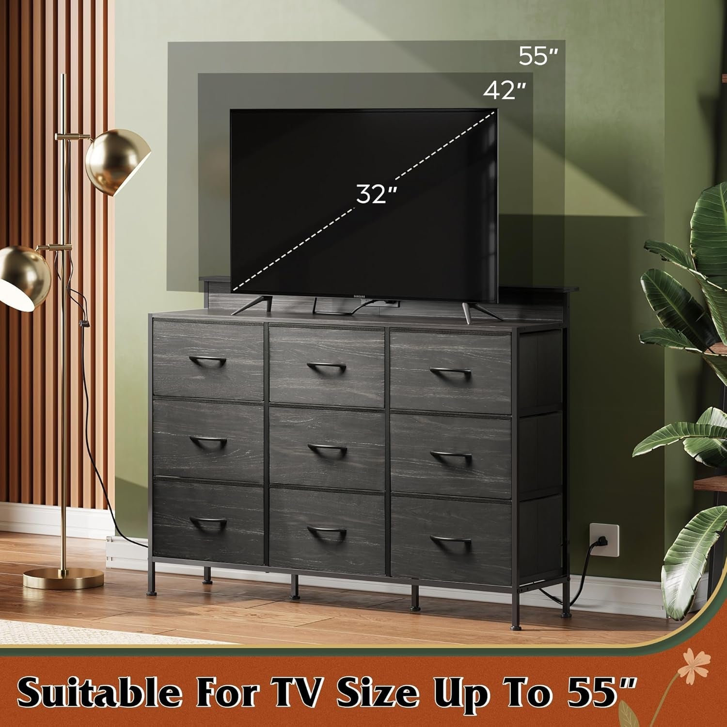 Dresser TV Stand for 55 Inch, Led Dresser for Bedroom, Black Dressers for Bedroom with LED Lights and Charging Station, Chest of Drawers, 9 Fabric Dresser Drawers, Wood Top, Living Room, Closet
