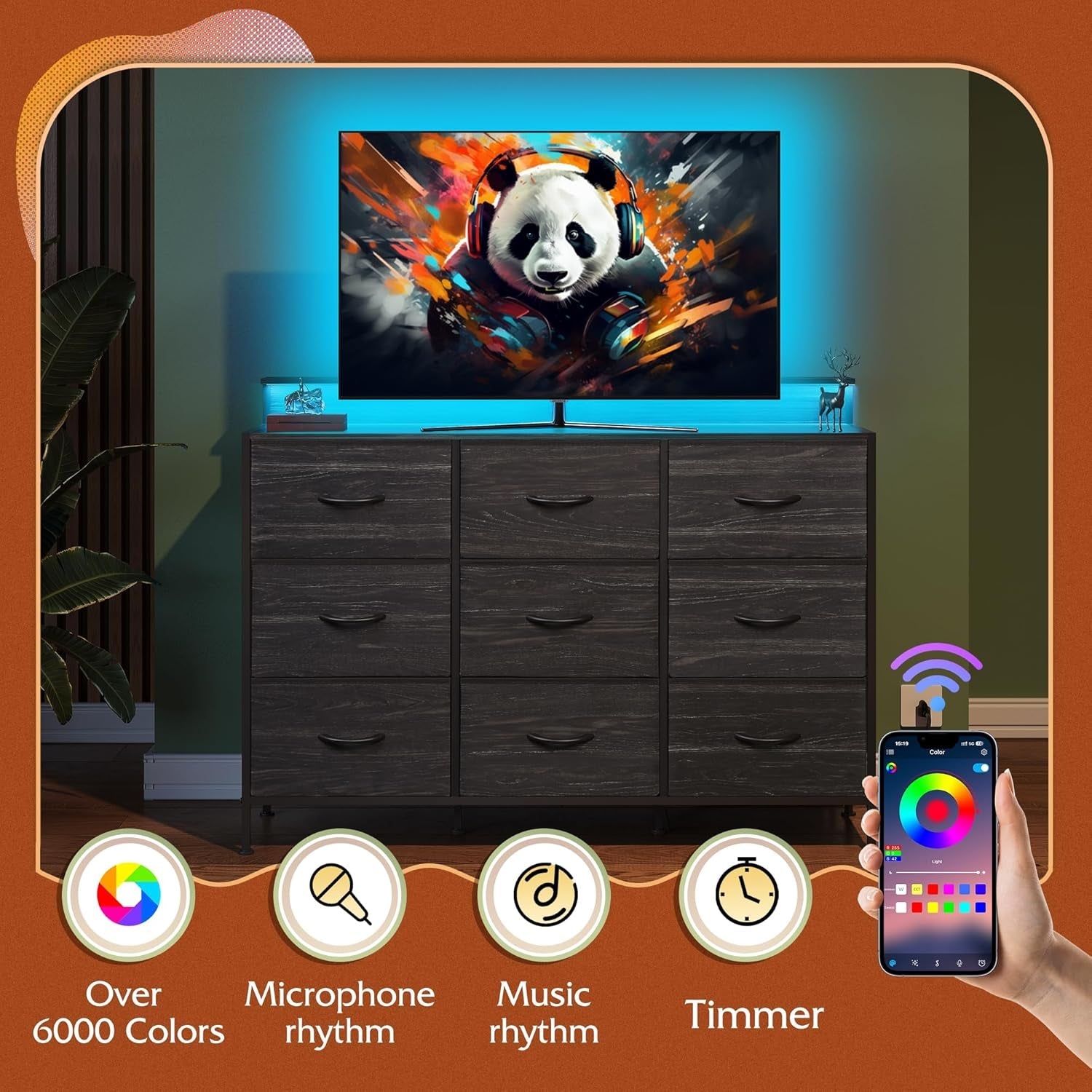 Dresser TV Stand for 55 Inch, Led Dresser for Bedroom, Black Dressers for Bedroom with LED Lights and Charging Station, Chest of Drawers, 9 Fabric Dresser Drawers, Wood Top, Living Room, Closet