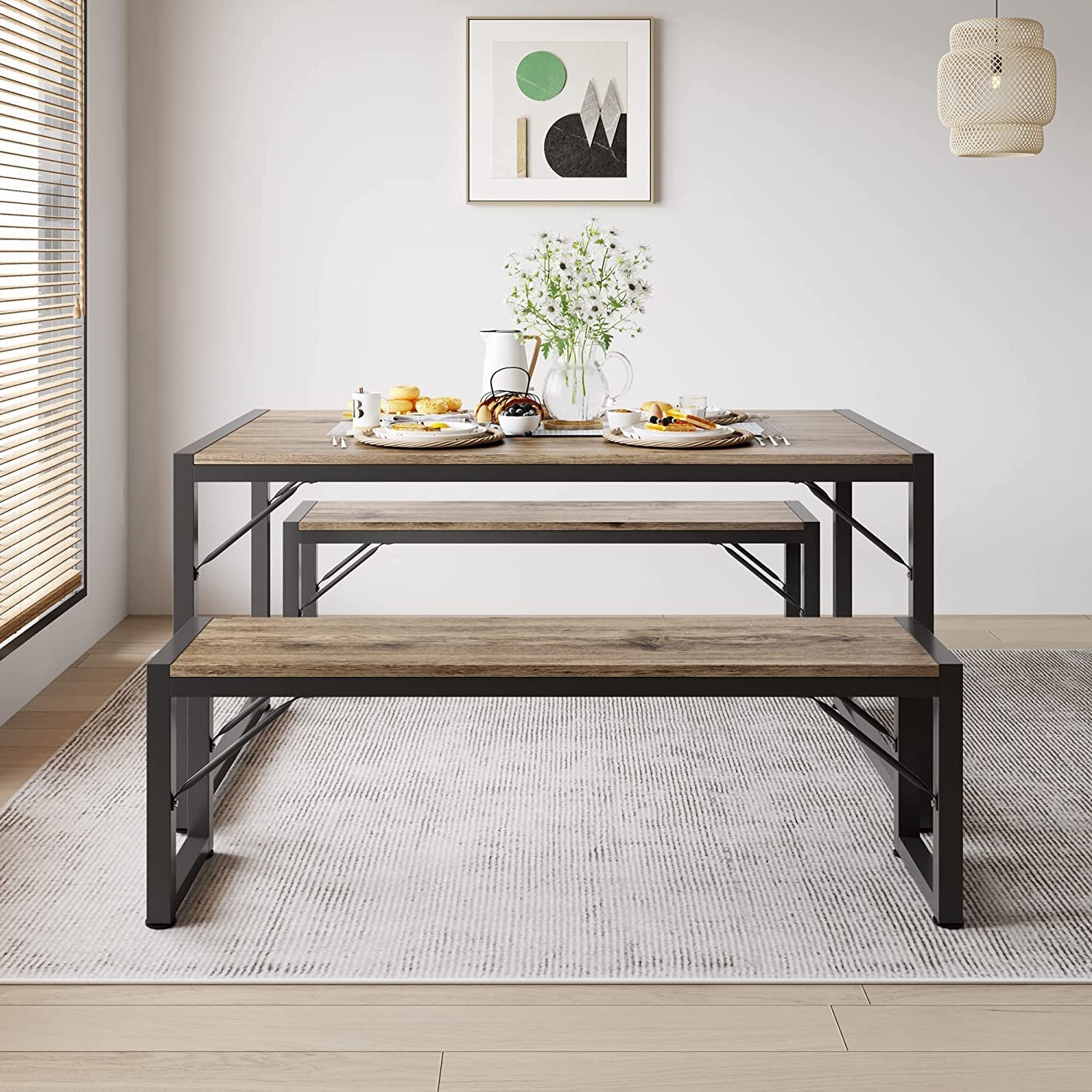 Dining Table Set for 4 with 2 Benches, Gray