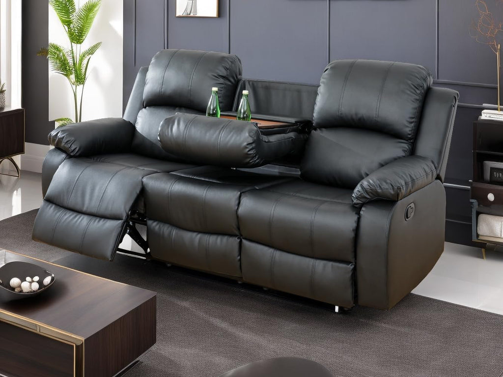 Black Vegan Leather 3-Seater Reclining Sofa Table, Cup Holders