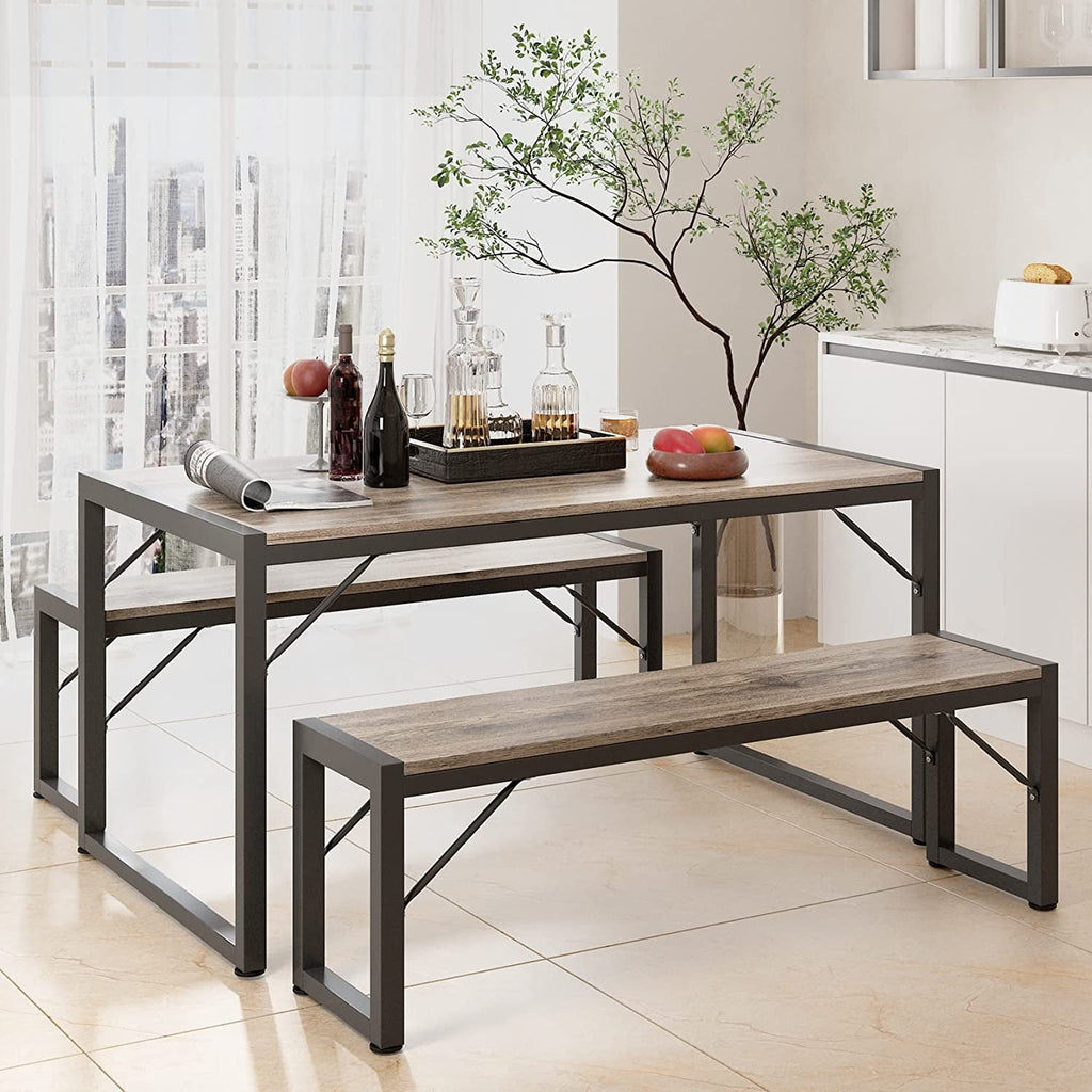 Dining Table Set for 4 with 2 Benches, Gray