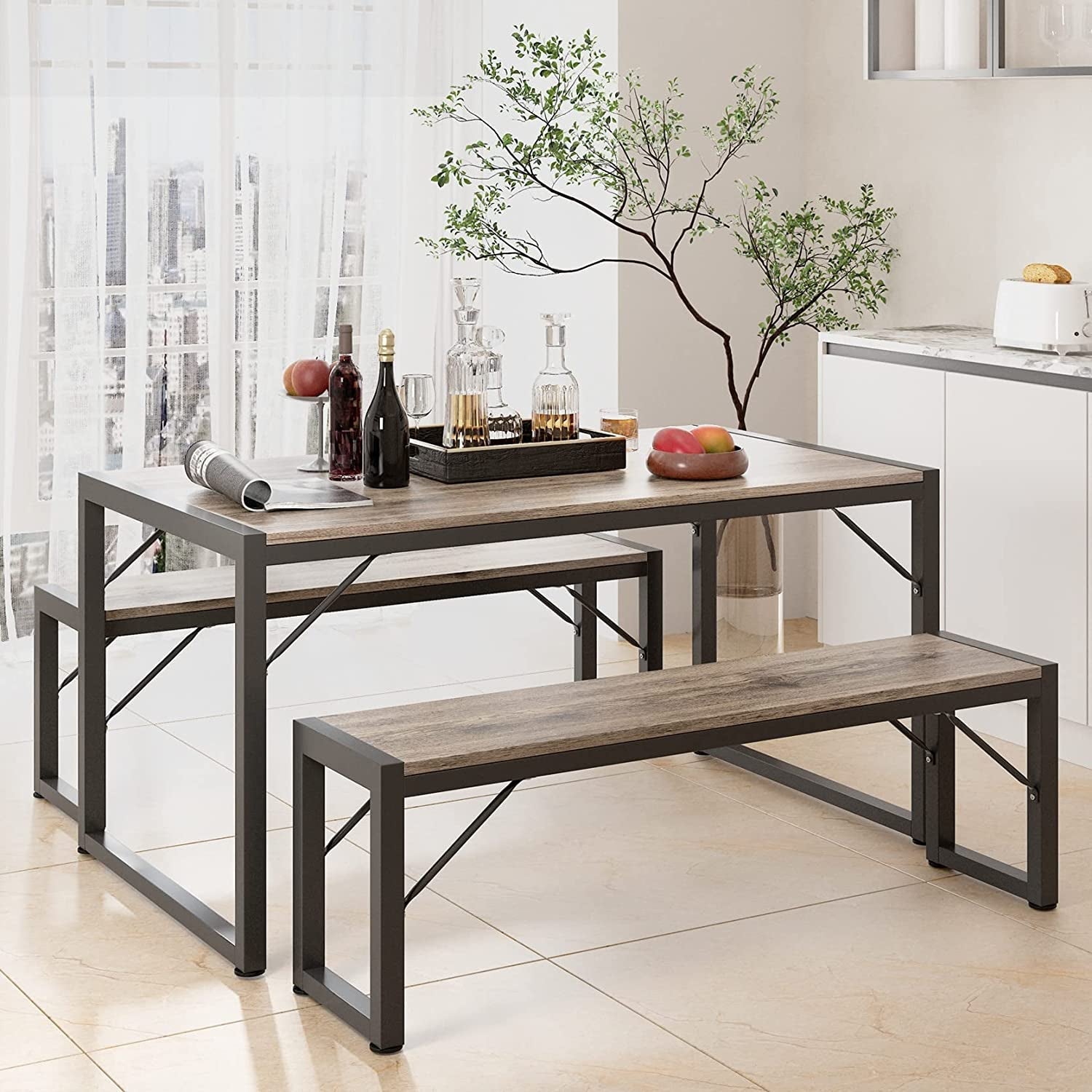 Dining Table Set for 4 with 2 Benches, Gray