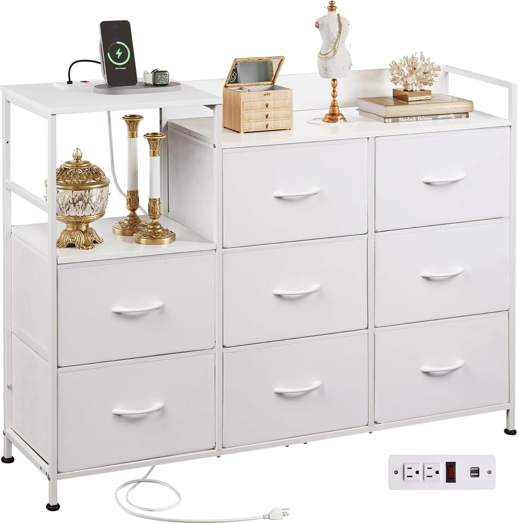 White Dresser TV Stand for Bedroom with Charging Station and Open Shelves, Fabric Dresser with 8 Drawers and Wood Top, Wide Storage Chest of Drawers for Living Room, Hallway