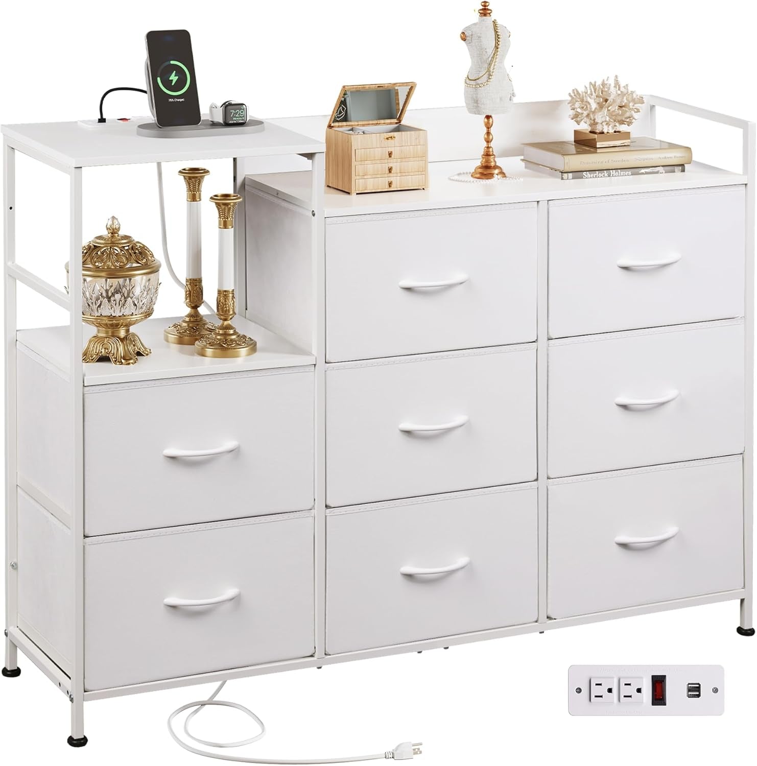 White Dresser TV Stand for Bedroom with Charging Station and Open Shelves, Fabric Dresser with 8 Drawers and Wood Top, Wide Storage Chest of Drawers for Living Room, Hallway