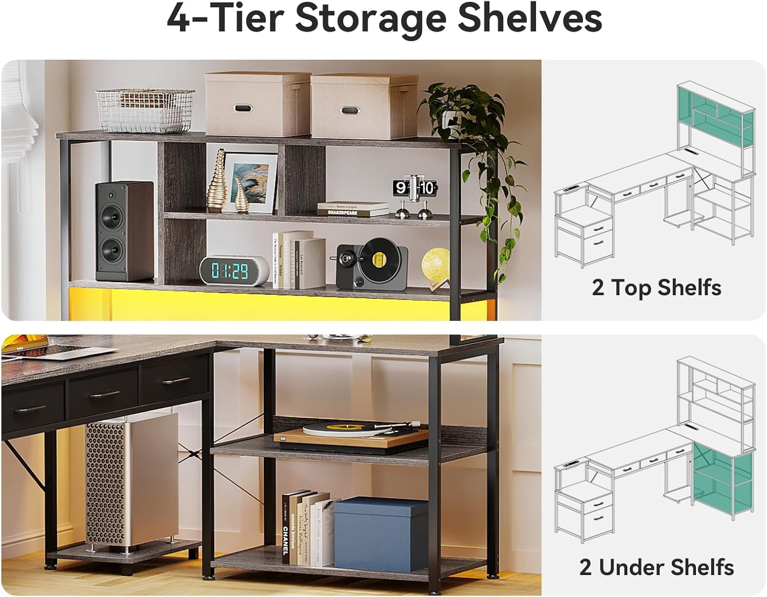 79 Inch L Shaped Desk with File Drawers, Reversible L Shaped Gaming Desk with Power Outlets & LED Lights, Computer Desk with Storage Shelves for Home Office, Grey Oak