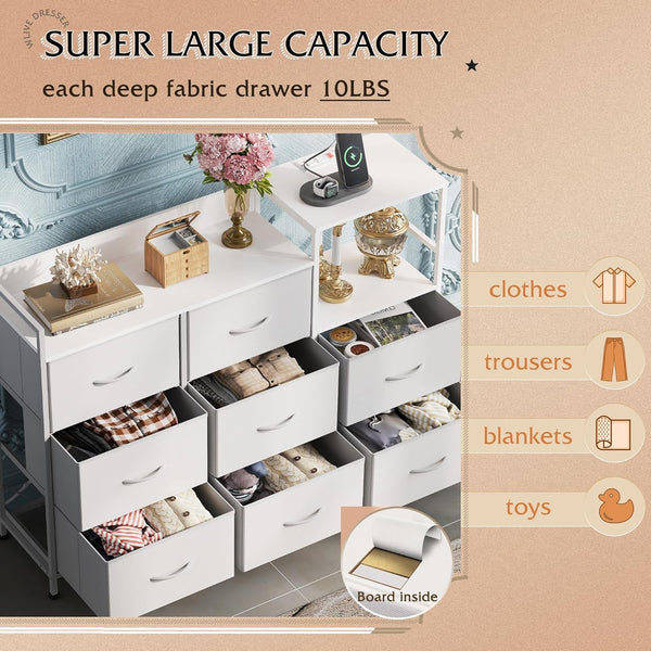 White Dresser TV Stand for Bedroom with Charging Station and Open Shelves, Fabric Dresser with 8 Drawers and Wood Top, Wide Storage Chest of Drawers for Living Room, Hallway