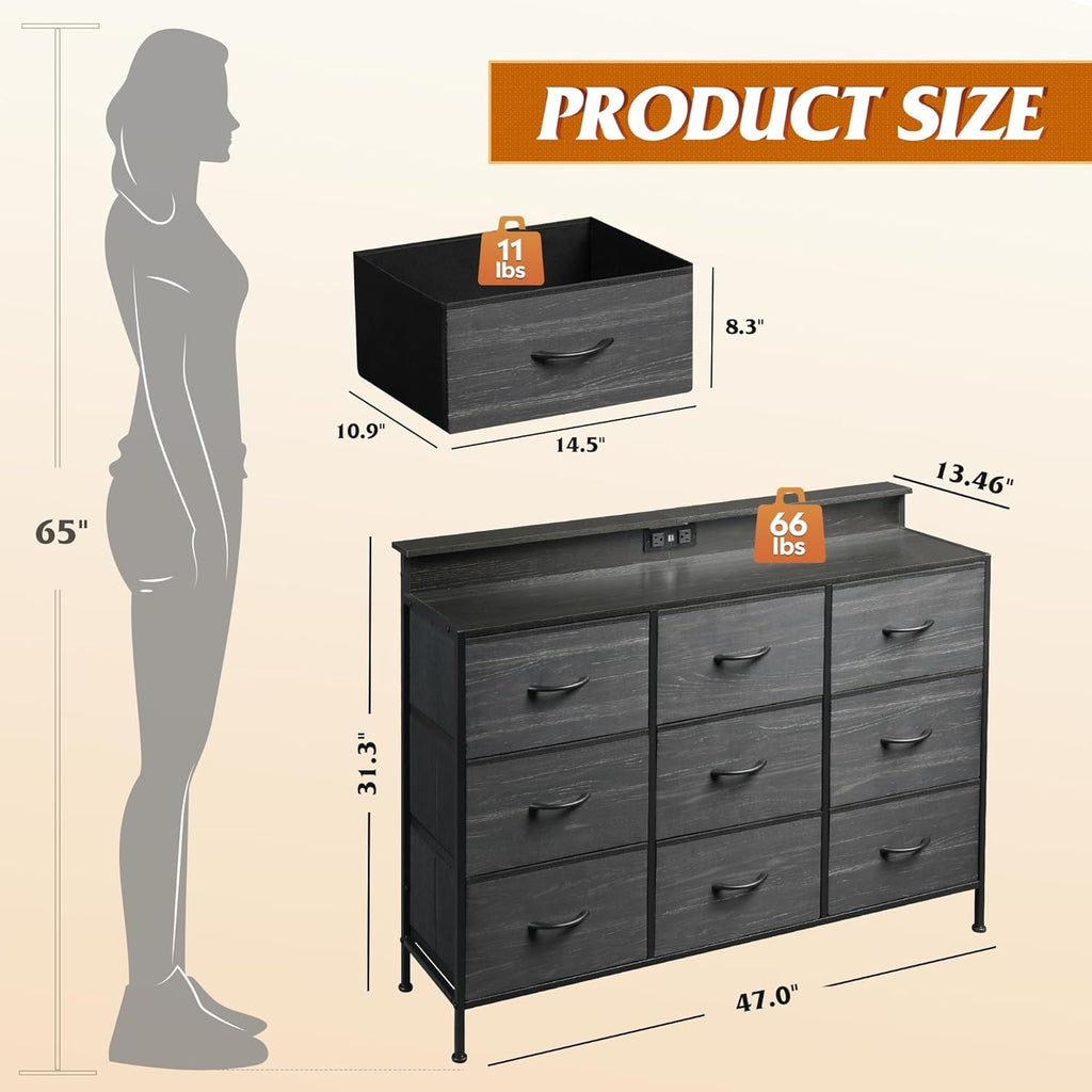 Dresser TV Stand for 55 Inch, Led Dresser for Bedroom, Black Dressers for Bedroom with LED Lights and Charging Station, Chest of Drawers, 9 Fabric Dresser Drawers, Wood Top, Living Room, Closet