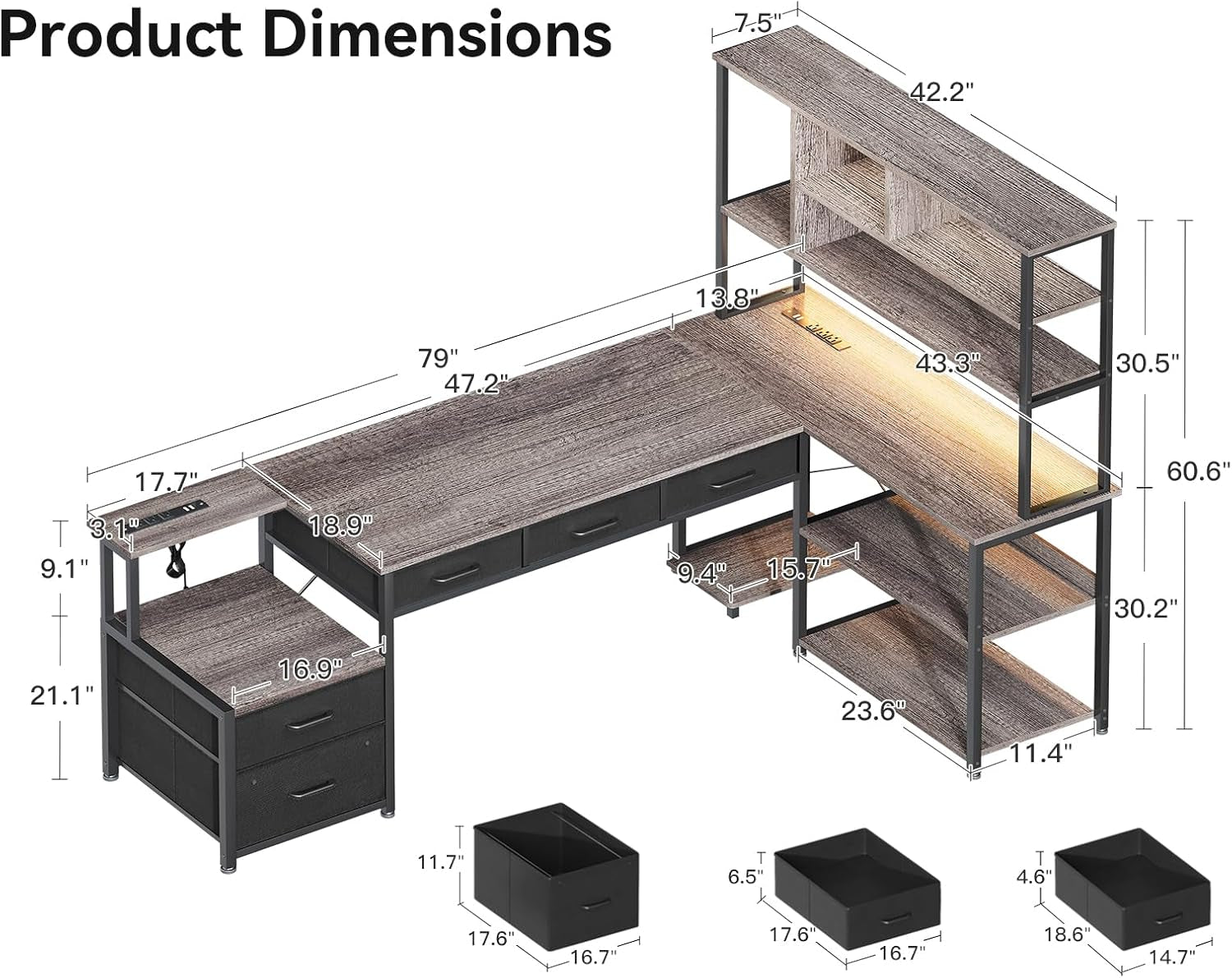 79 Inch L Shaped Desk with File Drawers, Reversible L Shaped Gaming Desk with Power Outlets & LED Lights, Computer Desk with Storage Shelves for Home Office, Grey Oak