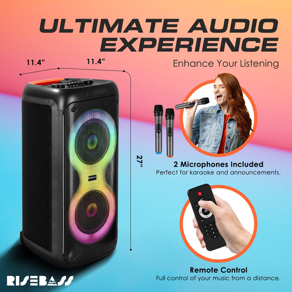 Portable Karaoke Machine with 2 Wireless Mics, Daul 8" Speakers, LED Lights, PA System, Remote, Bass/Treble Adjustment, SD Card/USB, REC Rolling Wheels and Trolley, Auto ducking Function.-3