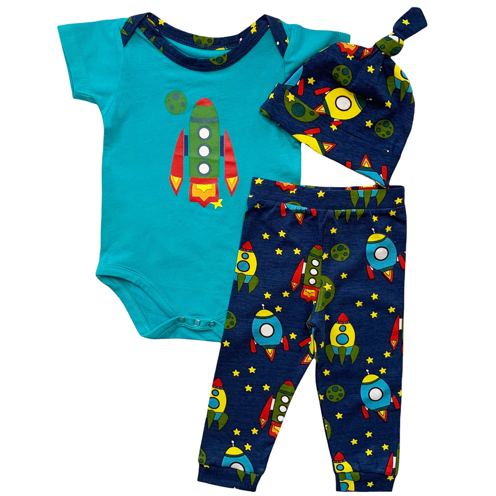 AnnLoren Baby Boys Layette Space Ship Onesie Pants Cap 3pc Gift Set Clothing