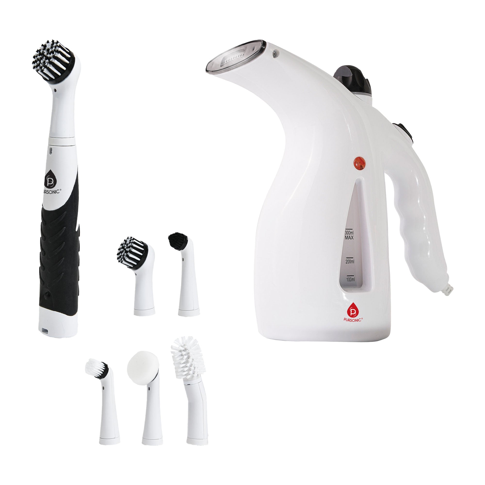 Cordless Power Scrubber Cleaning Brush + Pursonic 300ml Handheld Travel Garment Steamer – Home & Travel Cleaning Essentials