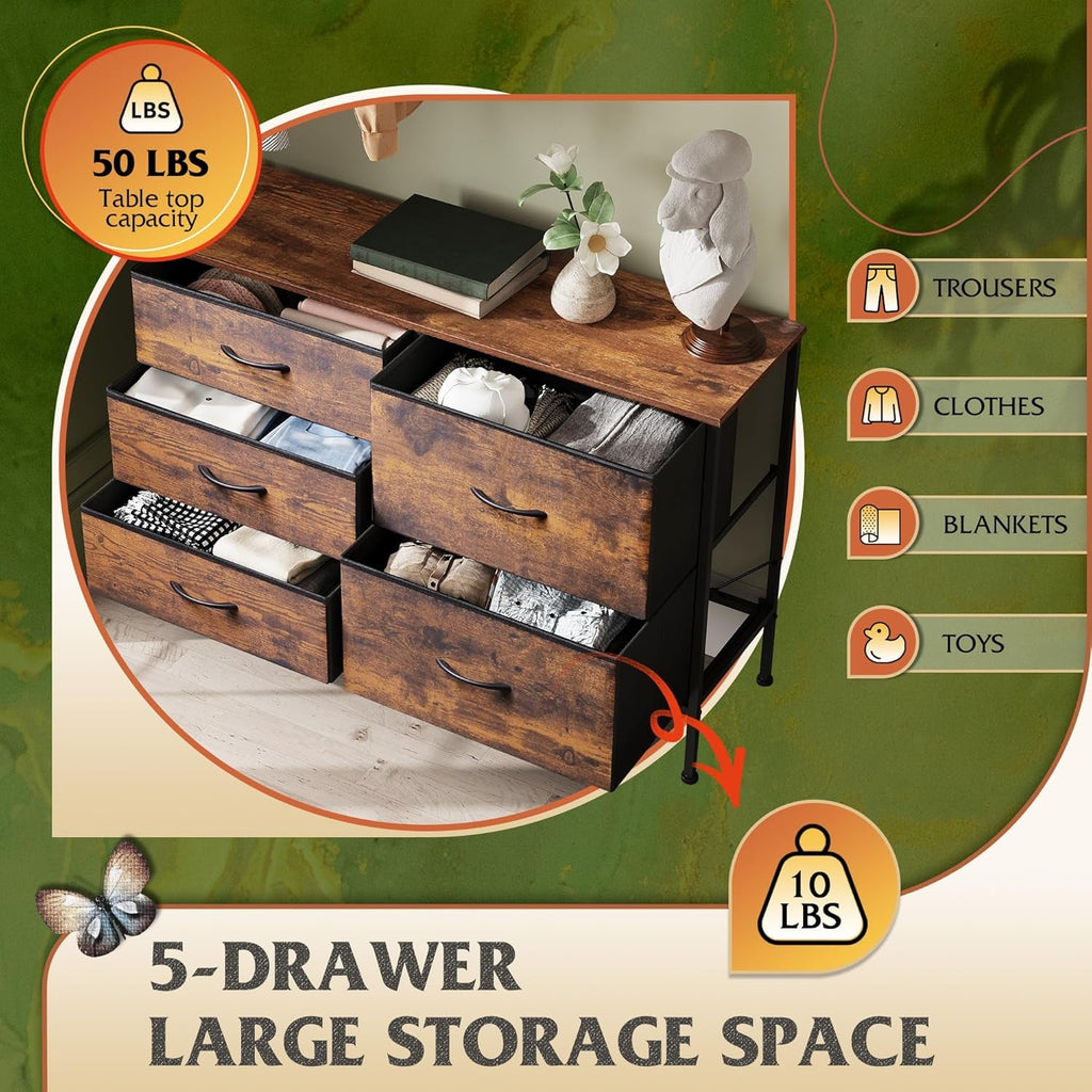 Dresser for Bedroom with 5 Drawers, Wide Bedroom Dresser with Drawer Organizers, Chest of Drawers, Fabric Dresser for Living Room, Closet, Hallway, Rustic Brown Wood Grain Print