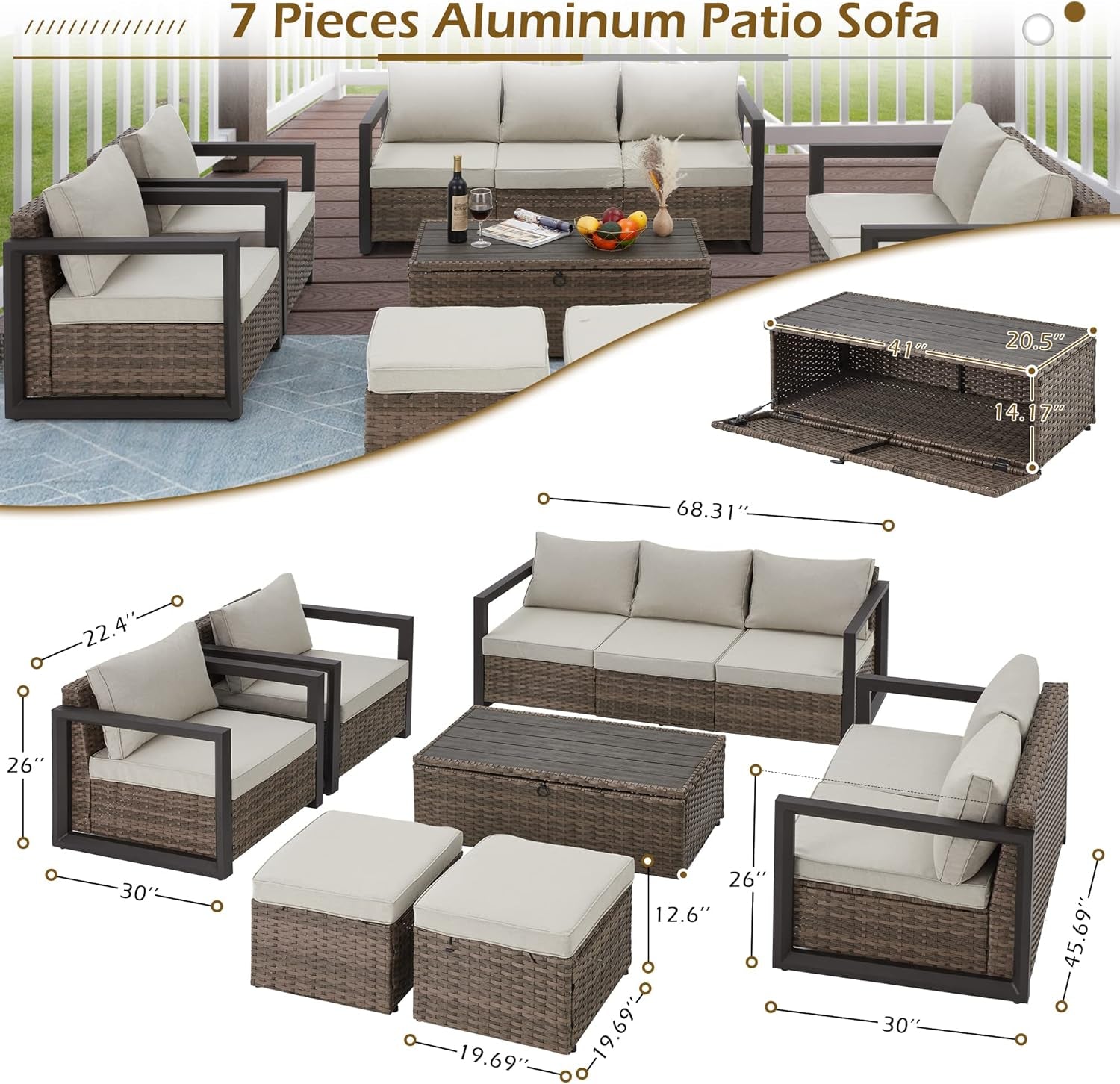 Aluminum Patio Furniture Set with Rattan Sectional Sofa