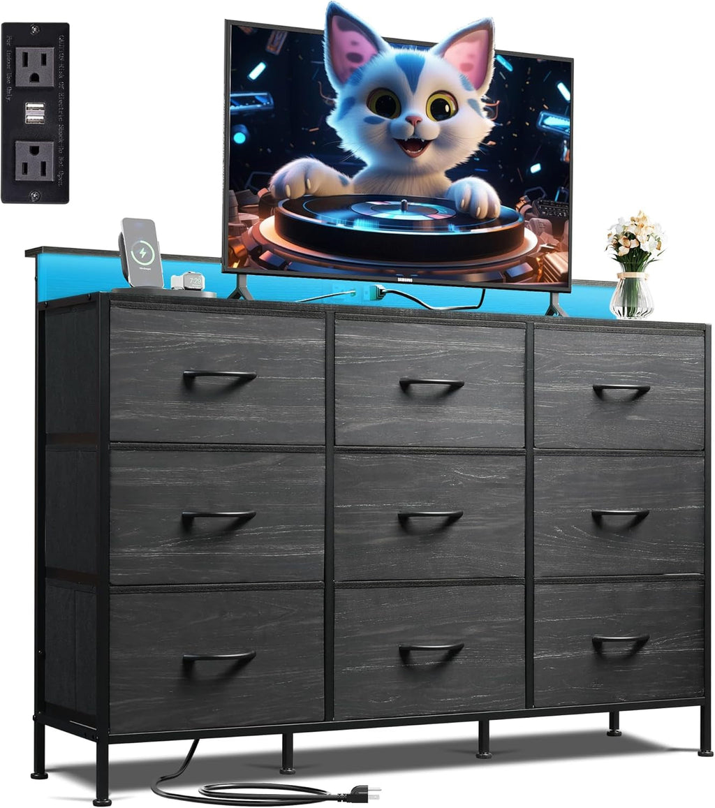 Dresser TV Stand for 55 Inch, Led Dresser for Bedroom, Black Dressers for Bedroom with LED Lights and Charging Station, Chest of Drawers, 9 Fabric Dresser Drawers, Wood Top, Living Room, Closet