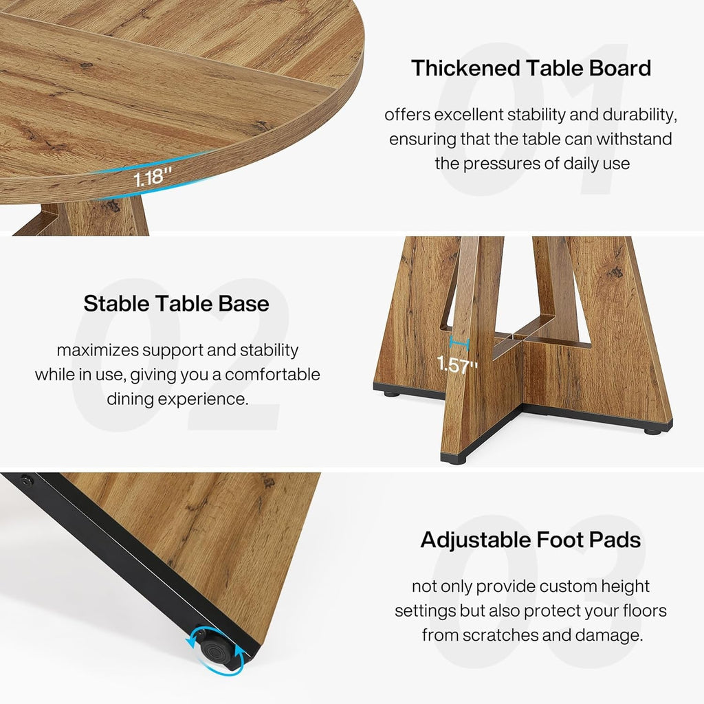 round Dining Table Wood Kitchen Table for Dining Room Living Room, 47" Dinning Room Tables for 4 Adult, Farmhouse Dinner Table with Wooden Tabletop and Cross Base, Burlywood(Only Table)