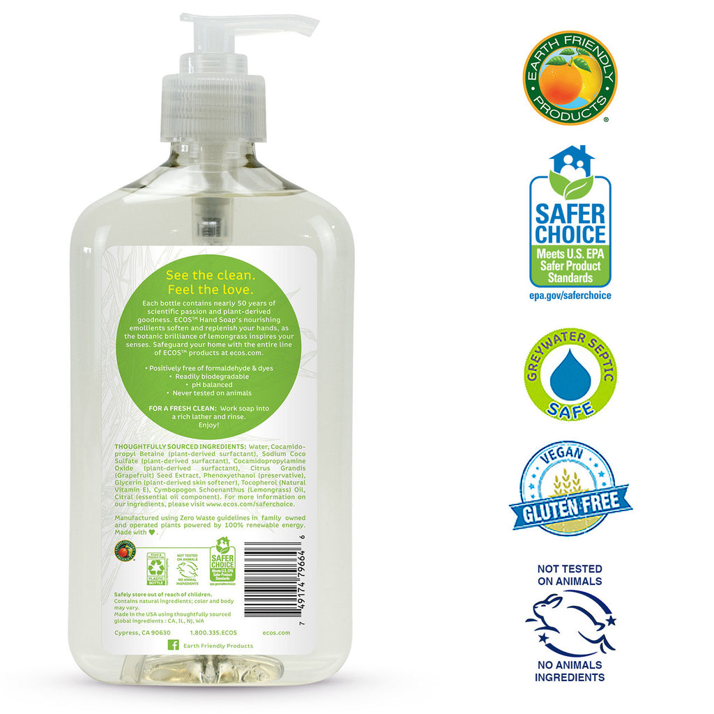 Earth Friendly Products Liquid Hand Soap, Lemongrass (6x17 Oz)