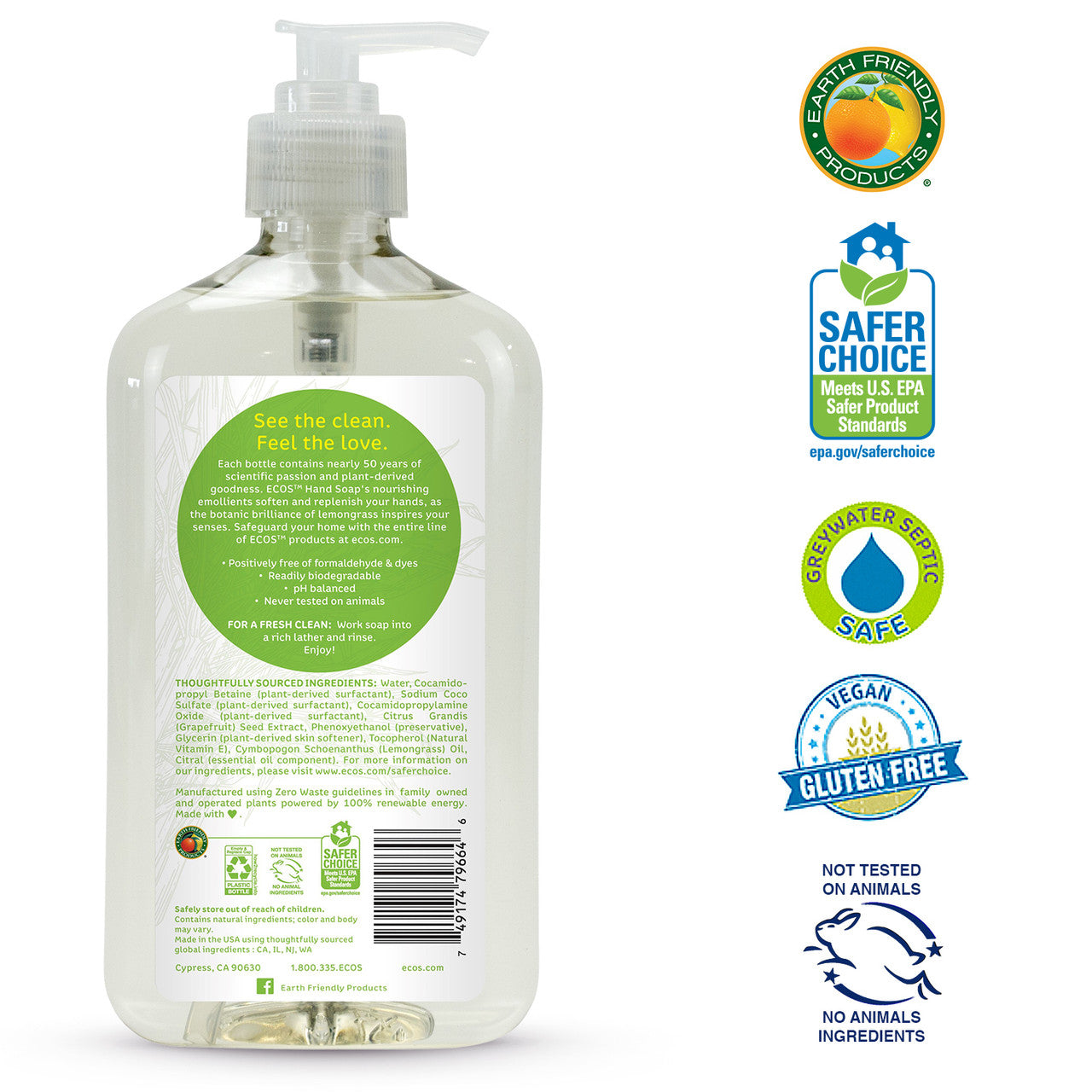 Earth Friendly Products Liquid Hand Soap, Lemongrass (6x17 Oz)