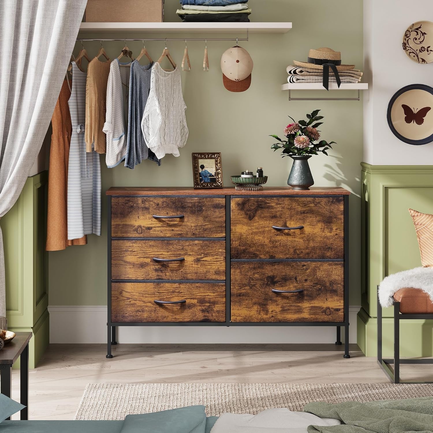 Dresser for Bedroom with 5 Drawers, Wide Bedroom Dresser with Drawer Organizers, Chest of Drawers, Fabric Dresser for Living Room, Closet, Hallway, Rustic Brown Wood Grain Print