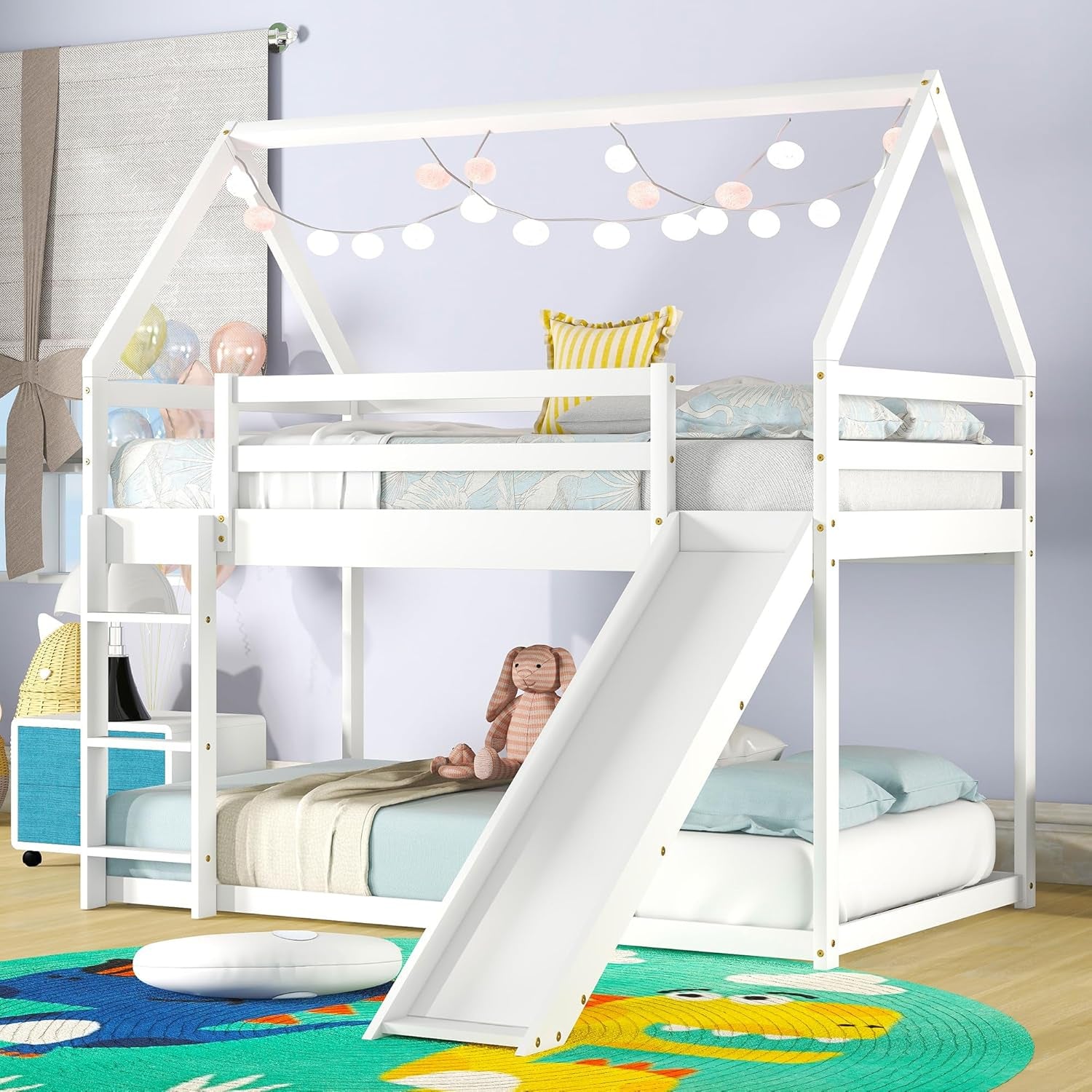 Twin over Twin House Bunk Bed with Slide,Floor Bunk Beds with Ladder for Kids,Solid Wood Twin Size Low Bunk Bed for Girls Boys