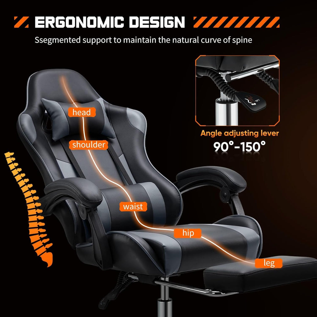 Video Game Desk Chair - Ergonomic Computer with Footrest and Comfy Lumbar Support, PU Leather Recliner with Headrest, Fixed up Armrest, Height Adjustable with 360° Swivel, for Adults, Grey