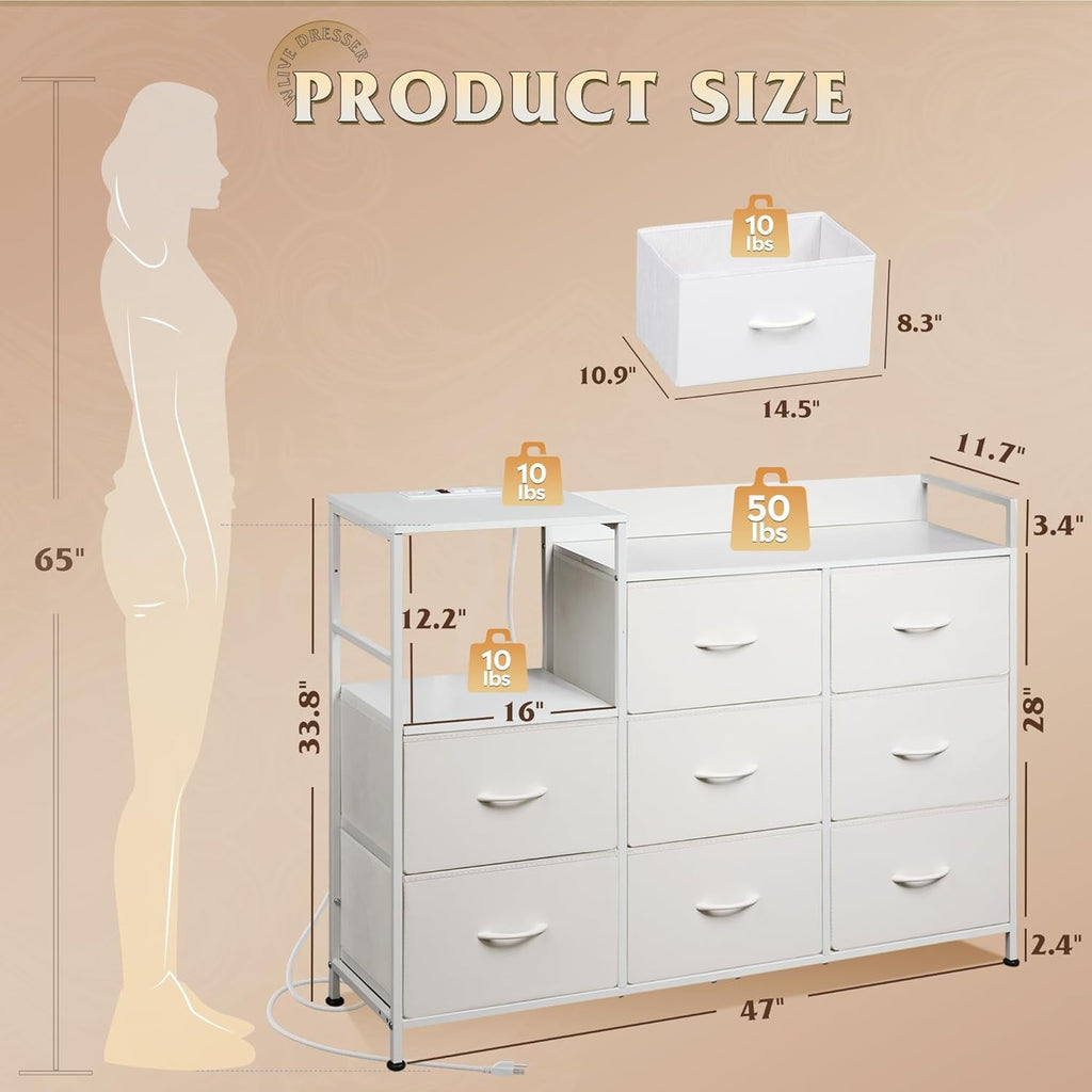 White Dresser TV Stand for Bedroom with Charging Station and Open Shelves, Fabric Dresser with 8 Drawers and Wood Top, Wide Storage Chest of Drawers for Living Room, Hallway