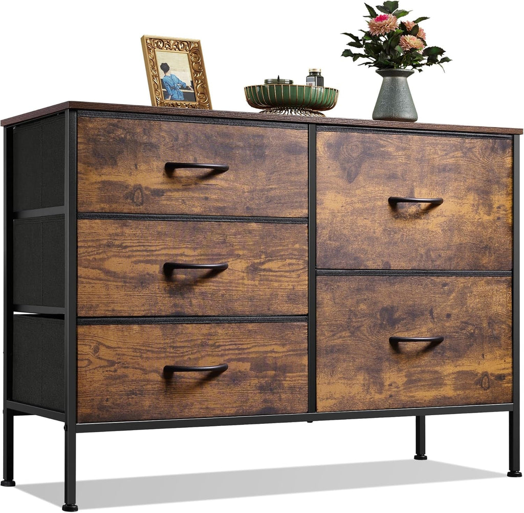 Dresser for Bedroom with 5 Drawers, Wide Bedroom Dresser with Drawer Organizers, Chest of Drawers, Fabric Dresser for Living Room, Closet, Hallway, Rustic Brown Wood Grain Print