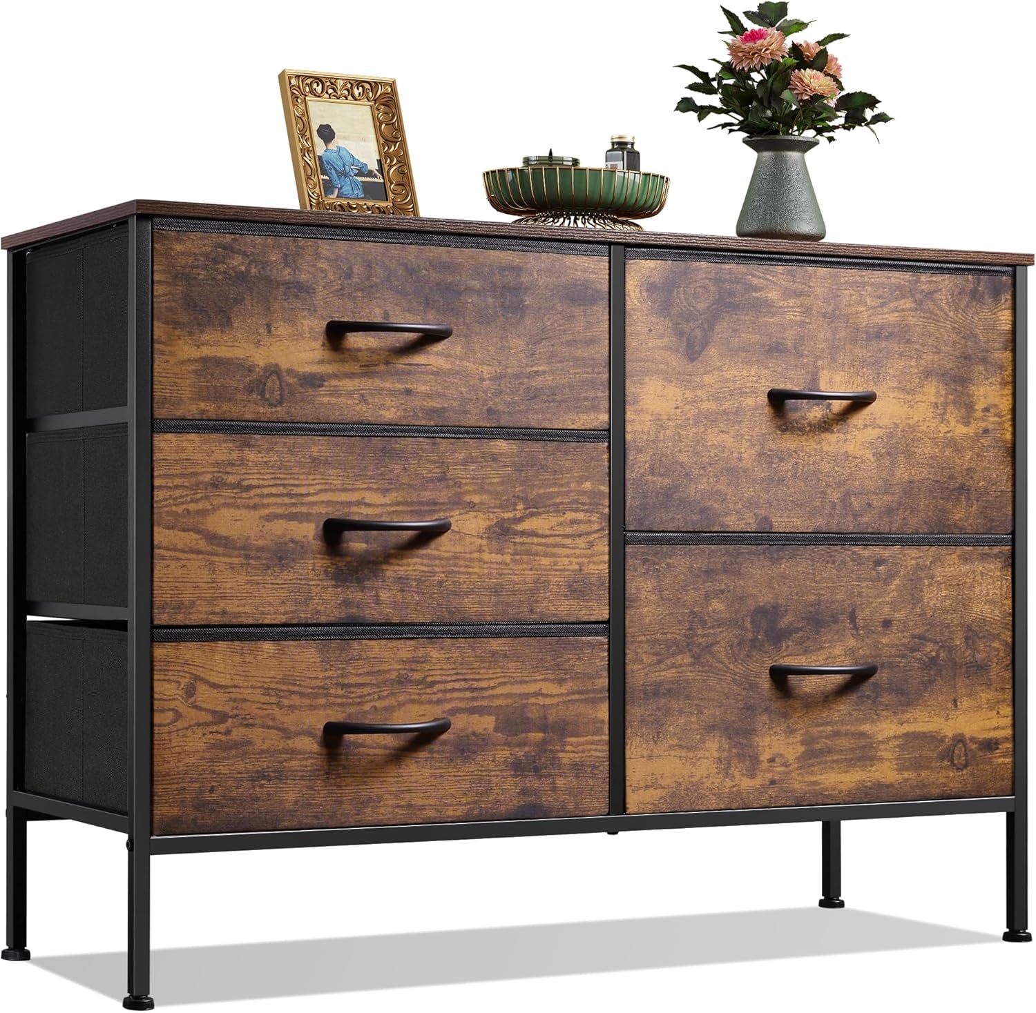 Dresser for Bedroom with 5 Drawers, Wide Bedroom Dresser with Drawer Organizers, Chest of Drawers, Fabric Dresser for Living Room, Closet, Hallway, Rustic Brown Wood Grain Print
