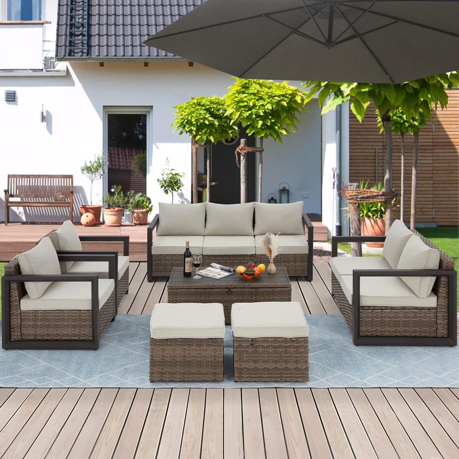 Aluminum Patio Furniture Set with Rattan Sectional Sofa