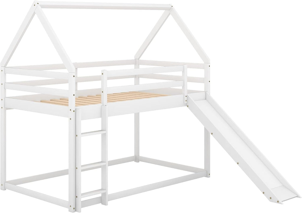 Twin over Twin House Bunk Bed with Slide,Floor Bunk Beds with Ladder for Kids,Solid Wood Twin Size Low Bunk Bed for Girls Boys
