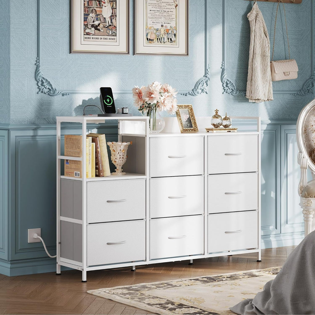 White Dresser TV Stand for Bedroom with Charging Station and Open Shelves, Fabric Dresser with 8 Drawers and Wood Top, Wide Storage Chest of Drawers for Living Room, Hallway