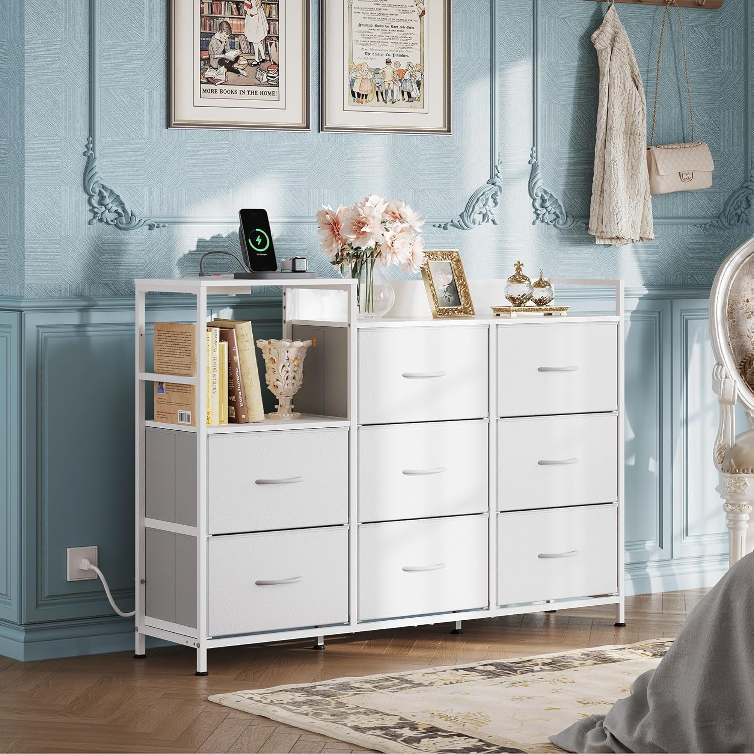 White Dresser TV Stand for Bedroom with Charging Station and Open Shelves, Fabric Dresser with 8 Drawers and Wood Top, Wide Storage Chest of Drawers for Living Room, Hallway