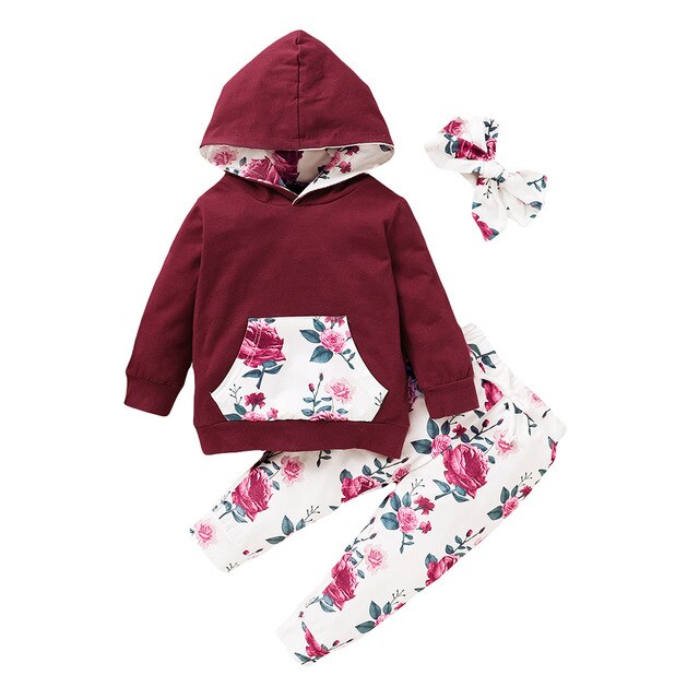 3Pcs Winter Infant Girls Clothing Floral Printed Hooded Sweatshirts And Pants Headband Outfits Casual Newborn Clothing D30