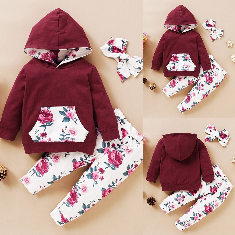 3Pcs Winter Infant Girls Clothing Floral Printed Hooded Sweatshirts And Pants Headband Outfits Casual Newborn Clothing D30