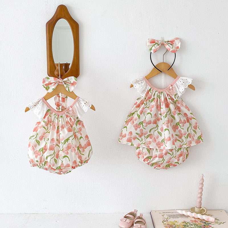 Summer Girls Flowers Pattern Sleeveless Lace Strap Onesies And Clothing Set – Sister Matching Clothing Set