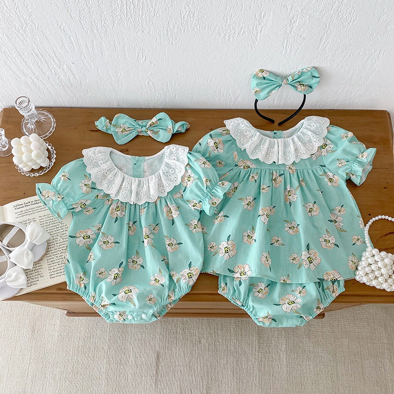 Summer Girls Flowers Pattern Short Sleeves Hollow Out Collar Onesies And Clothing Set – Sister Matching Clothing Set