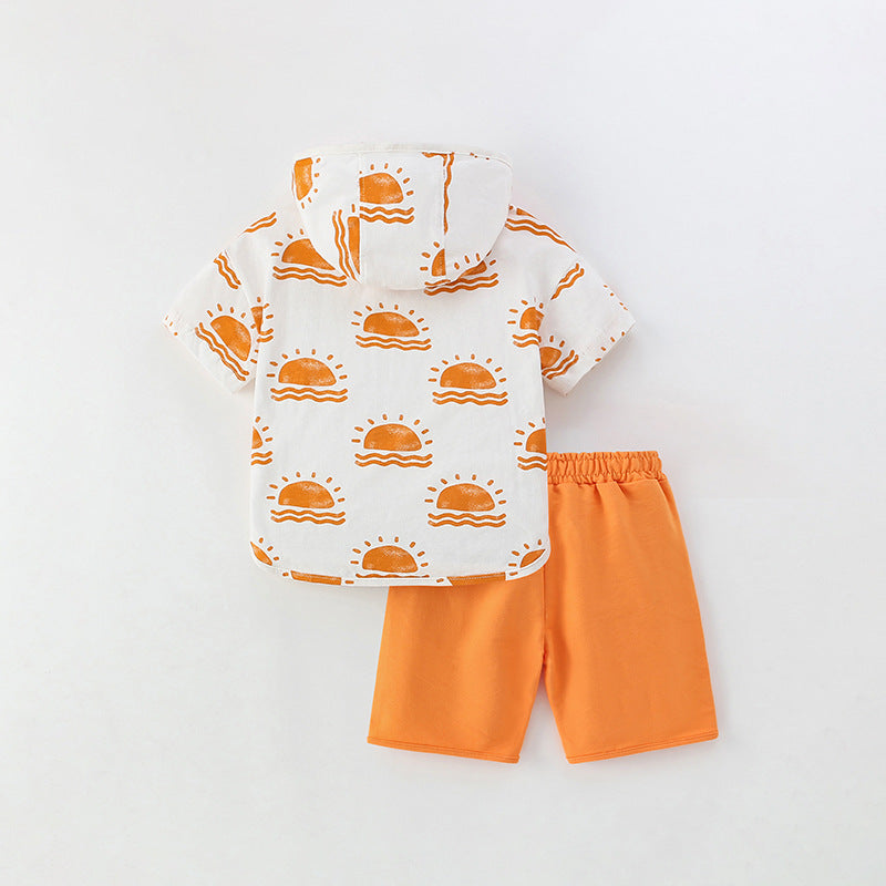 Summer Baby Kids Sunrise Pattern Hooded T-shirt and Shorts Clothing Set for Boys