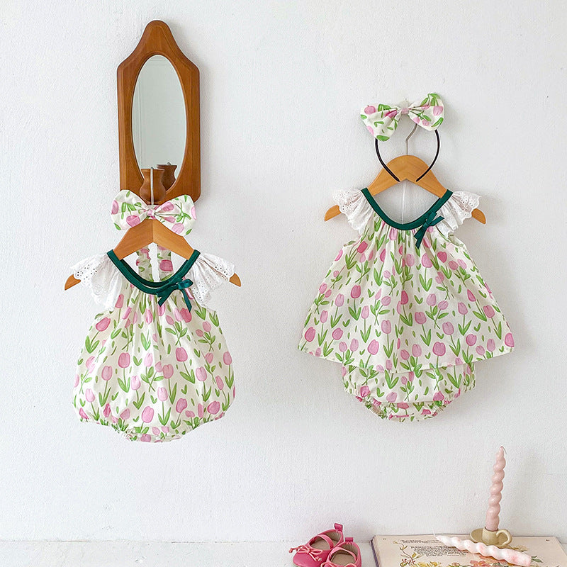 Summer Girls Flowers Pattern Sleeveless Hollow Out Lace Strap Onesies And Clothing Set – Sister Matching Clothing Set